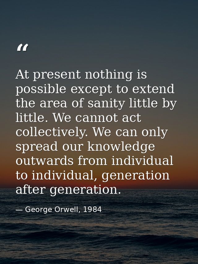 At present nothing is possible except to extend the area of sanity little by little. We cannot act collectively. We can  — George Orwell, 1984