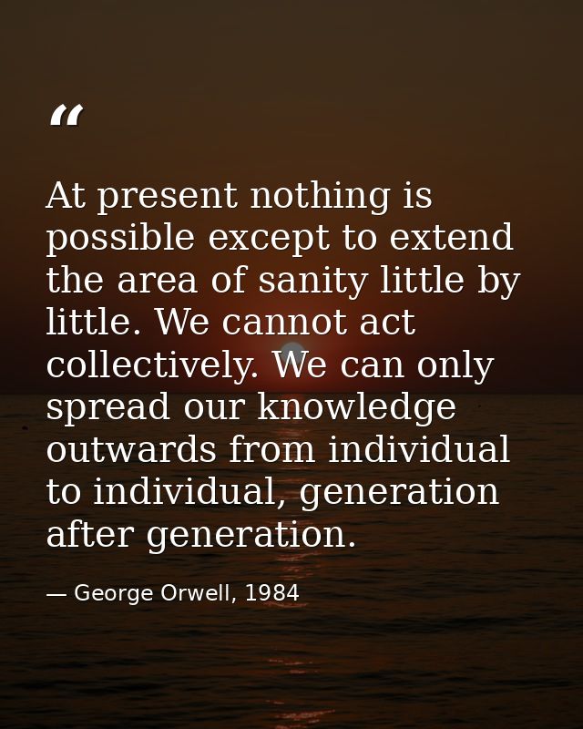 At present nothing is possible except to extend the area of sanity little by little. We cannot act collectively. We can  — George Orwell, 1984