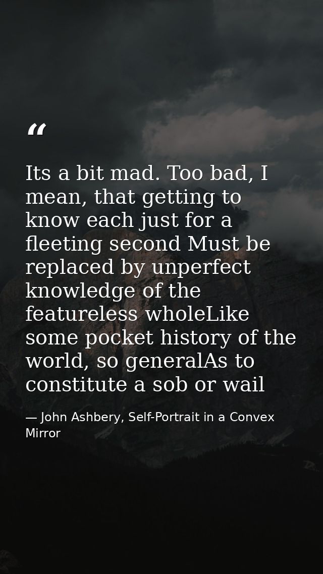 Its a bit mad. Too bad, I mean, that getting to know each just for a fleeting second Must be replaced by unperfect knowl — John Ashbery, Self-Portrait in a Convex Mirror
