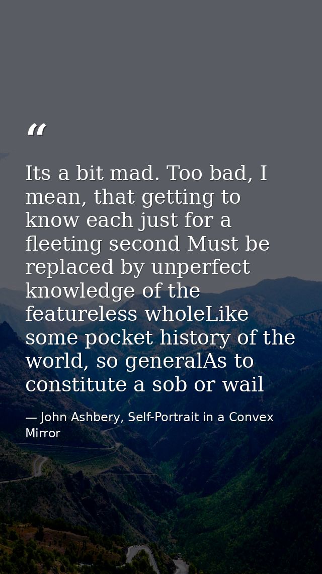 Its a bit mad. Too bad, I mean, that getting to know each just for a fleeting second Must be replaced by unperfect knowl — John Ashbery, Self-Portrait in a Convex Mirror