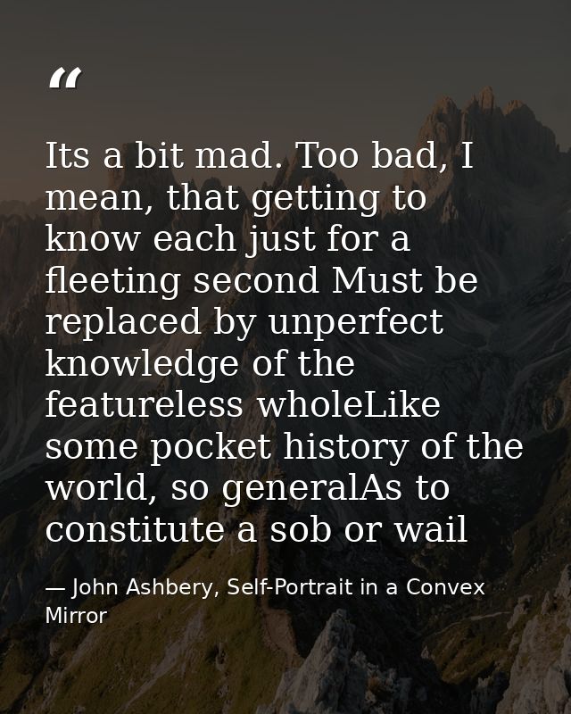 Its a bit mad. Too bad, I mean, that getting to know each just for a fleeting second Must be replaced by unperfect knowl — John Ashbery, Self-Portrait in a Convex Mirror