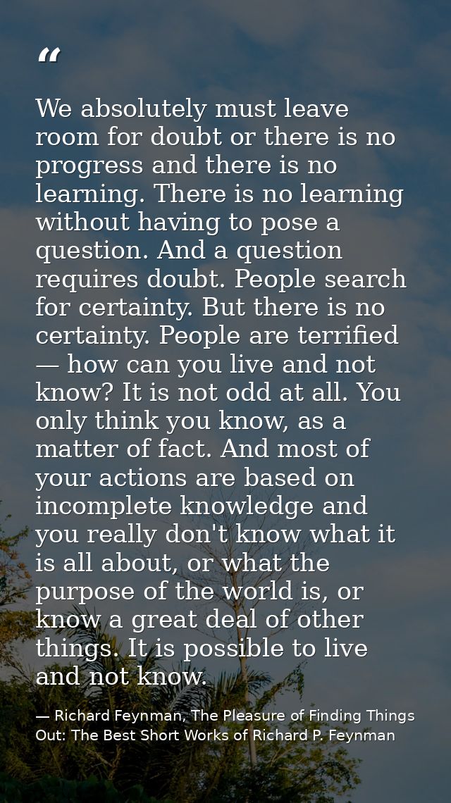 We absolutely must leave room for doubt or there is no progress and there is no learning. There is no learning without h — Richard Feynman, The Pleasure of Finding Things Out: The Best Short Works of Richard P. Feynman