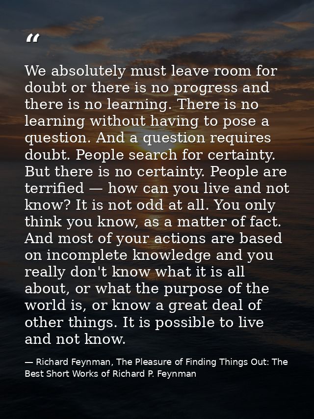 We absolutely must leave room for doubt or there is no progress and there is no learning. There is no learning without h — Richard Feynman, The Pleasure of Finding Things Out: The Best Short Works of Richard P. Feynman