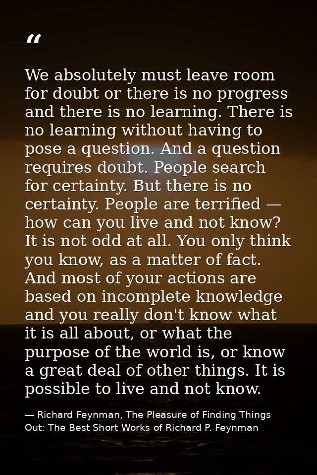 We absolutely must leave room for doubt or there is no progress and there is no learning. There is no learning without h — Richard Feynman, The Pleasure of Finding Things Out: The Best Short Works of Richard P. Feynman