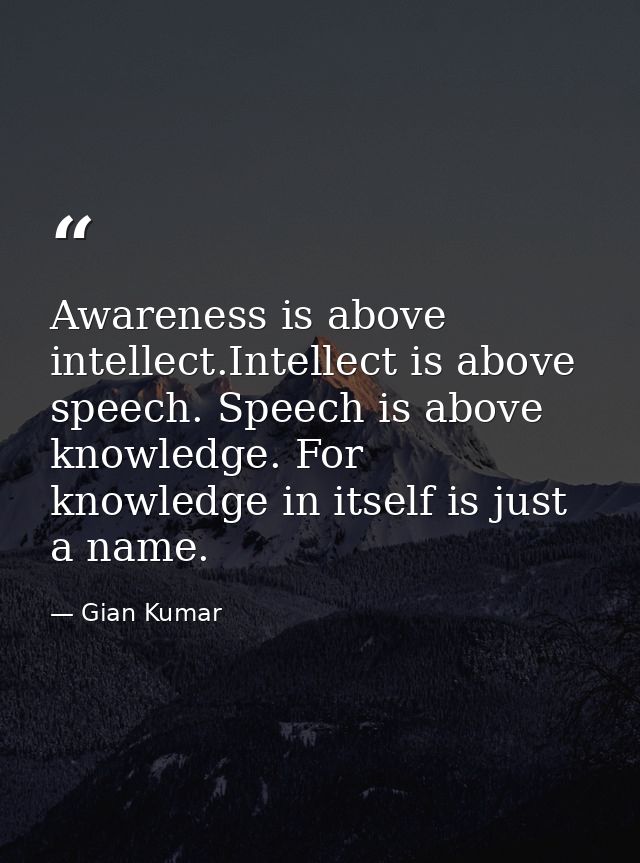 Awareness is above intellect.Intellect is above speech. Speech is above knowledge. For knowledge in itself is just a nam — Gian Kumar