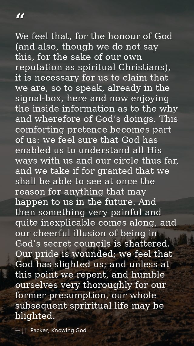 We feel that, for the honour of God (and also, though we do not say this, for the sake of our own reputation as spiritua — J.I. Packer, Knowing God