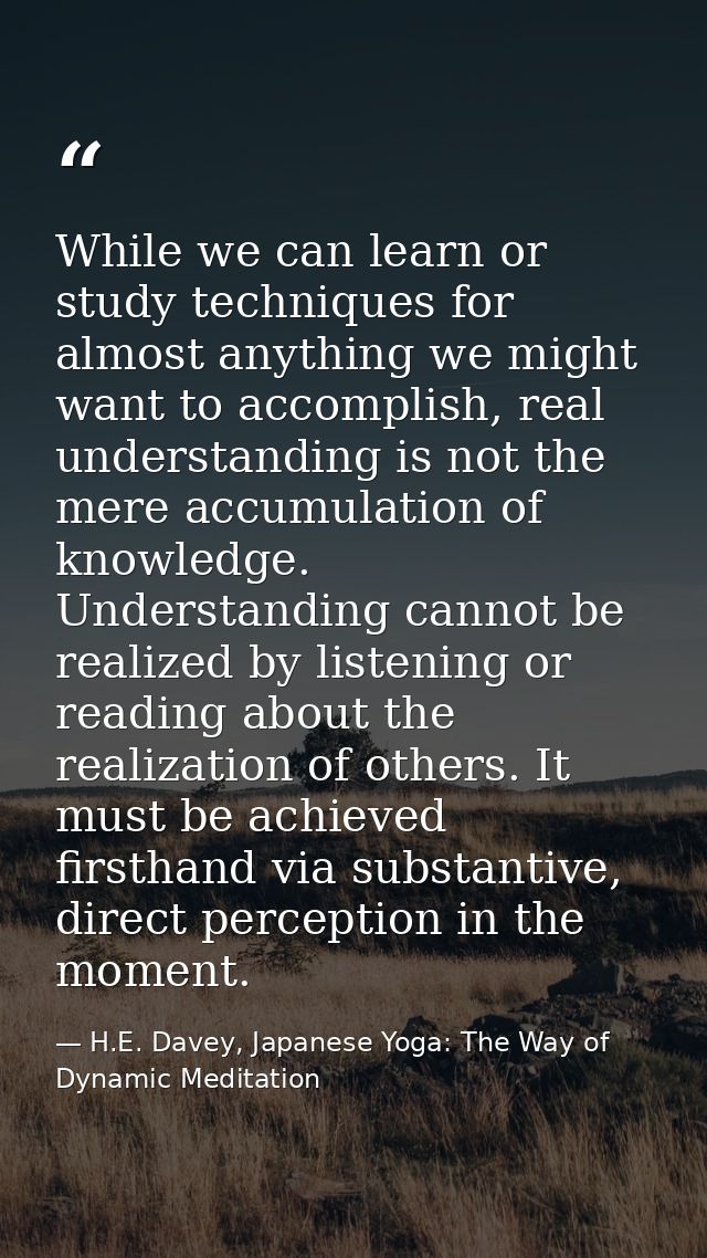 While we can learn or study techniques for almost anything we might want to accomplish, real understanding is not the me — H.E. Davey, Japanese Yoga: The Way of Dynamic Meditation