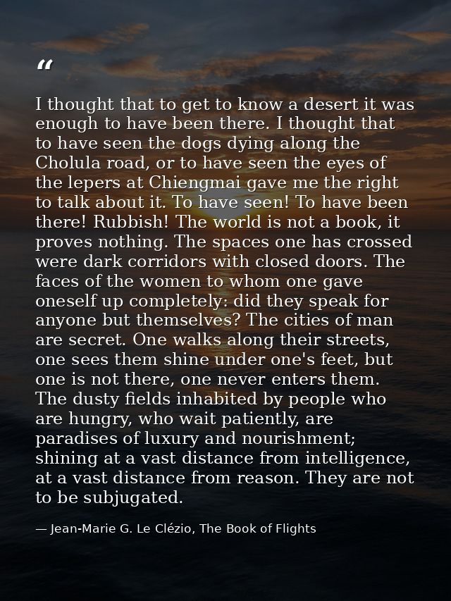 I thought that to get to know a desert it was enough to have been there. I thought that to have seen the dogs dying alon — Jean-Marie G. Le Clézio, The Book of Flights
