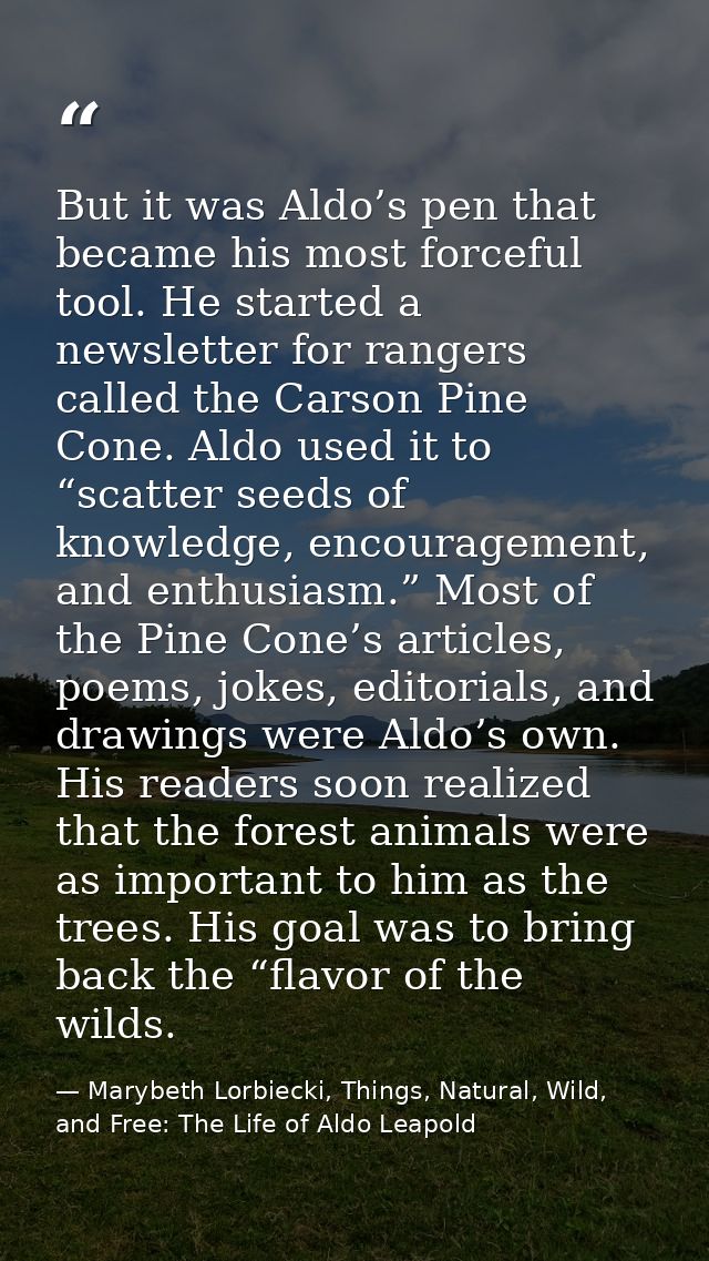 But it was Aldo’s pen that became his most forceful tool. He started a newsletter for rangers called the Carson Pine Con — Marybeth Lorbiecki, Things, Natural, Wild, and Free: The Life of Aldo Leapold