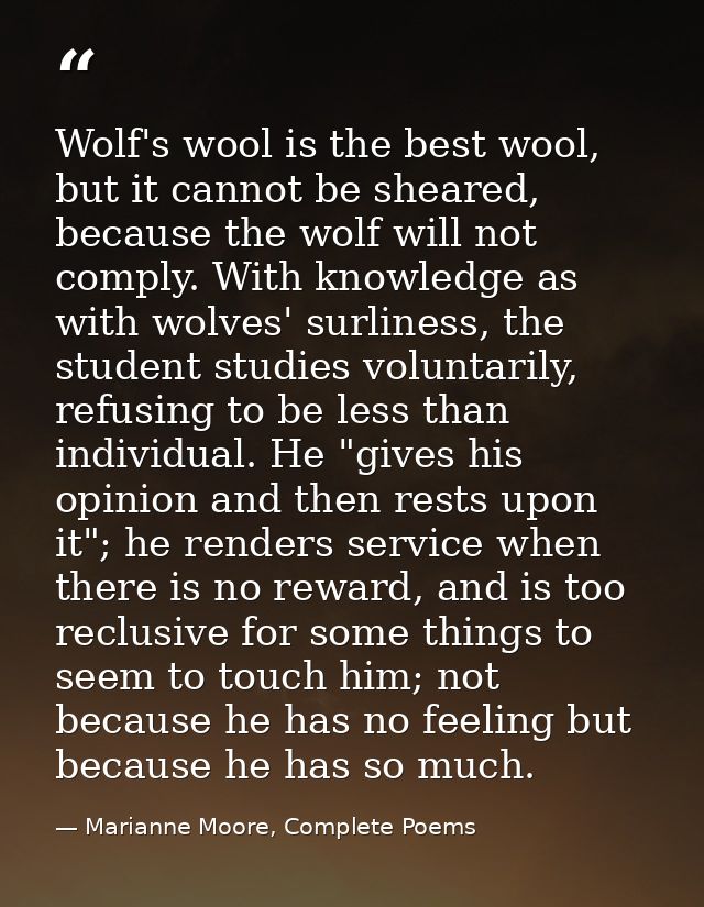 Wolf's wool is the best wool, but it cannot be sheared, because the wolf will not comply. With knowledge as with wolves' — Marianne Moore, Complete Poems