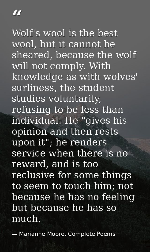 Wolf's wool is the best wool, but it cannot be sheared, because the wolf will not comply. With knowledge as with wolves' — Marianne Moore, Complete Poems