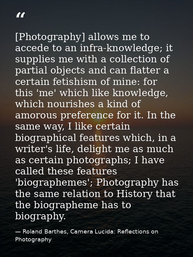 [Photography] allows me to accede to an infra-knowledge; it supplies me with a collection of partial objects and can fla — Roland Barthes, Camera Lucida: Reflections on Photography