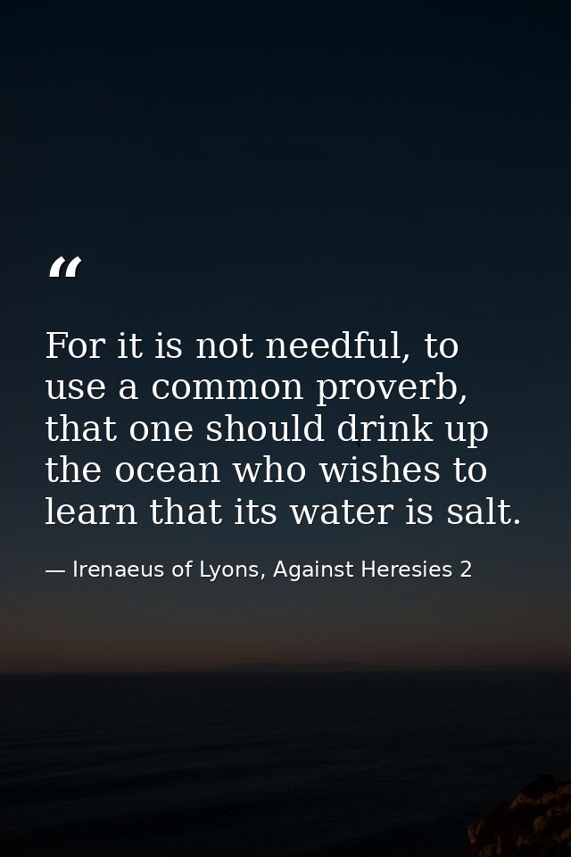 For it is not needful, to use a common proverb, that one should drink up the ocean who wishes to learn that its water is — Irenaeus of Lyons, Against Heresies 2