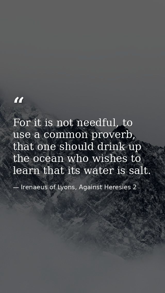 For it is not needful, to use a common proverb, that one should drink up the ocean who wishes to learn that its water is — Irenaeus of Lyons, Against Heresies 2