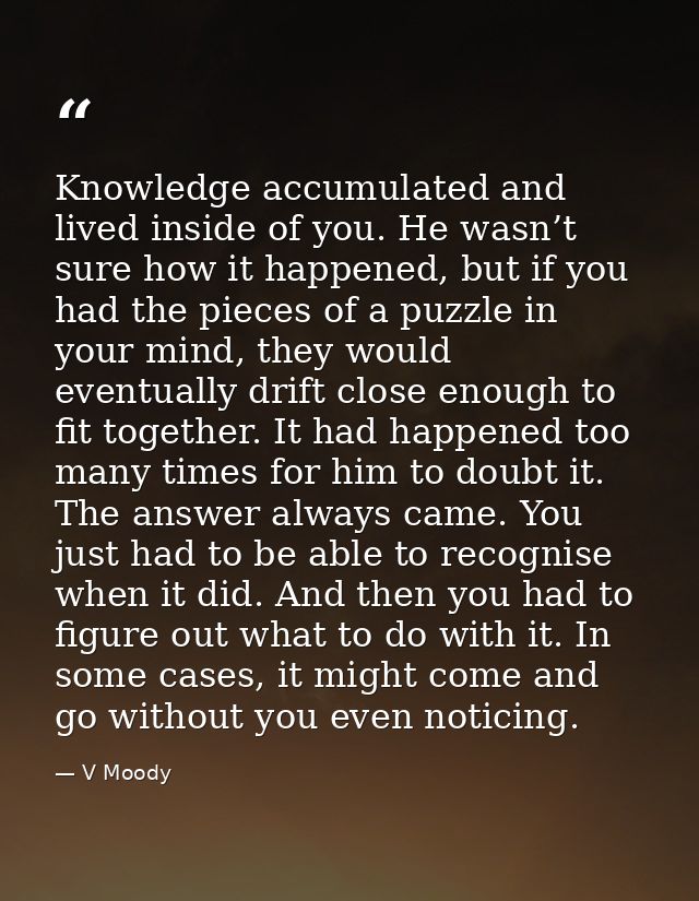 Knowledge accumulated and lived inside of you. He wasn’t sure how it happened, but if you had the pieces of a puzzle in  — V Moody