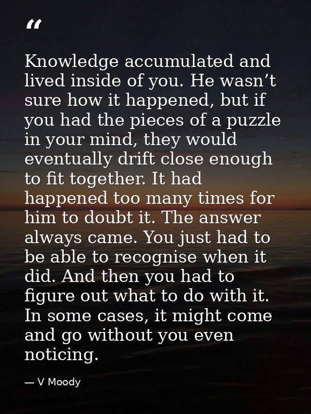 Knowledge accumulated and lived inside of you. He wasn’t sure how it happened, but if you had the pieces of a puzzle in  — V Moody