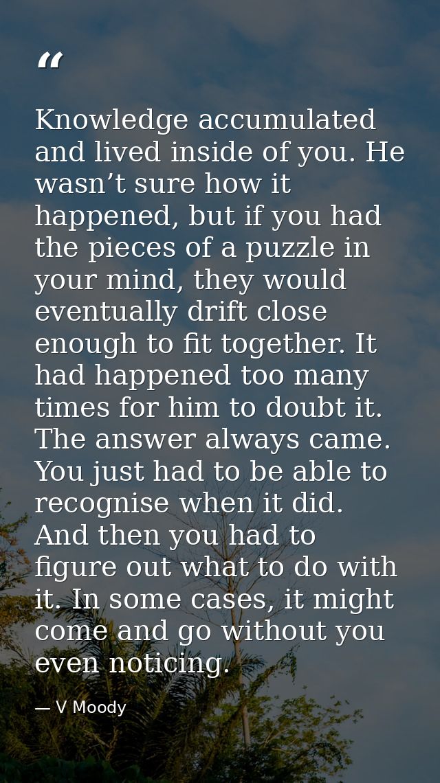 Knowledge accumulated and lived inside of you. He wasn’t sure how it happened, but if you had the pieces of a puzzle in  — V Moody