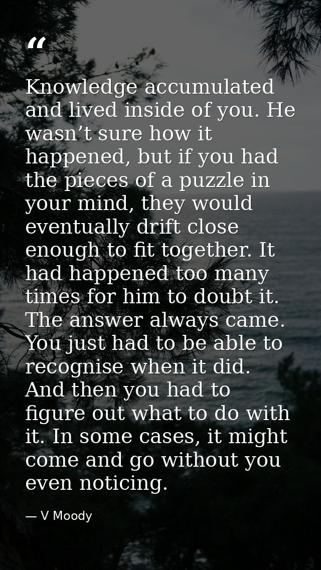 Knowledge accumulated and lived inside of you. He wasn’t sure how it happened, but if you had the pieces of a puzzle in  — V Moody