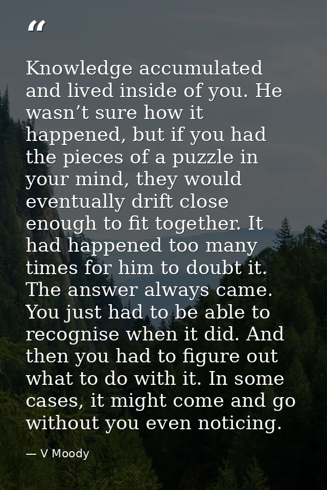 Knowledge accumulated and lived inside of you. He wasn’t sure how it happened, but if you had the pieces of a puzzle in  — V Moody