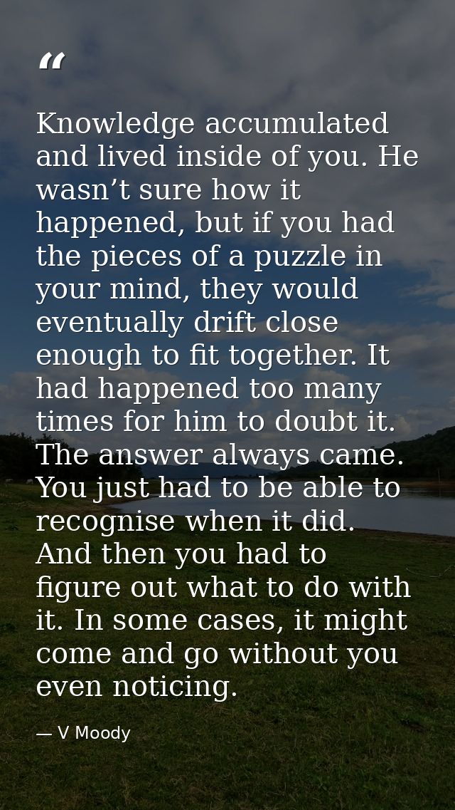 Knowledge accumulated and lived inside of you. He wasn’t sure how it happened, but if you had the pieces of a puzzle in  — V Moody