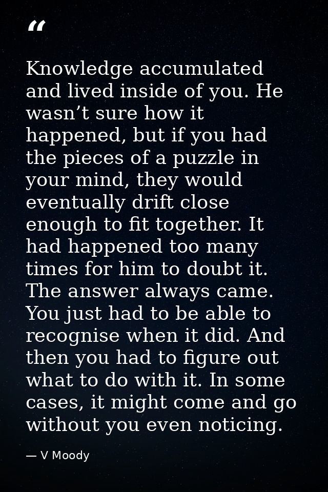 Knowledge accumulated and lived inside of you. He wasn’t sure how it happened, but if you had the pieces of a puzzle in  — V Moody