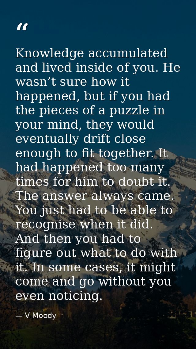 Knowledge accumulated and lived inside of you. He wasn’t sure how it happened, but if you had the pieces of a puzzle in  — V Moody
