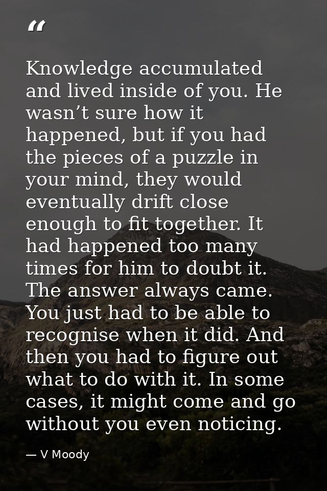 Knowledge accumulated and lived inside of you. He wasn’t sure how it happened, but if you had the pieces of a puzzle in  — V Moody