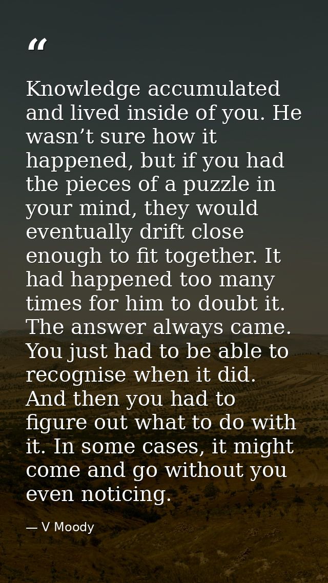 Knowledge accumulated and lived inside of you. He wasn’t sure how it happened, but if you had the pieces of a puzzle in  — V Moody