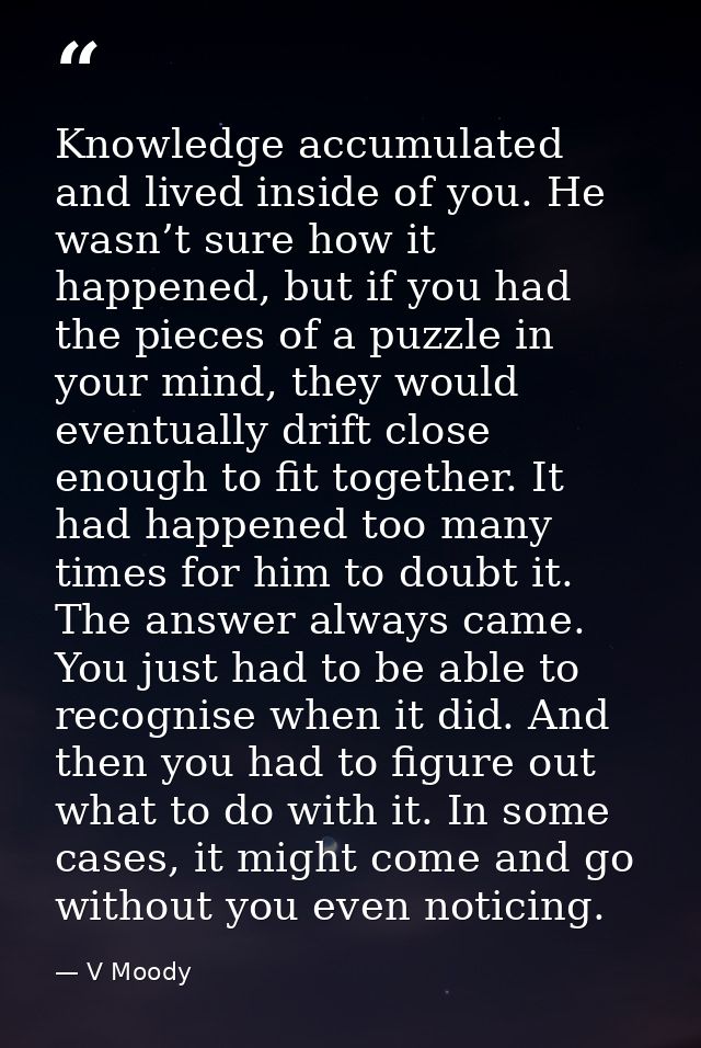 Knowledge accumulated and lived inside of you. He wasn’t sure how it happened, but if you had the pieces of a puzzle in  — V Moody