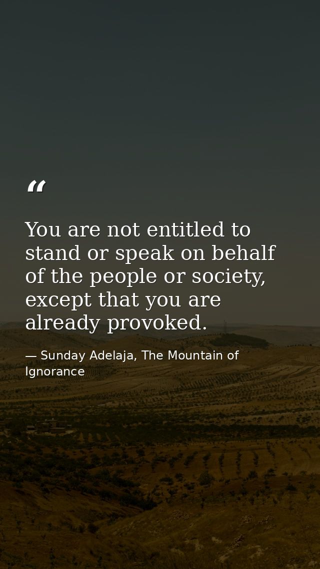 You are not entitled to stand or speak on behalf of the people or society, except that you are already provoked. — Sunday Adelaja, The Mountain of Ignorance