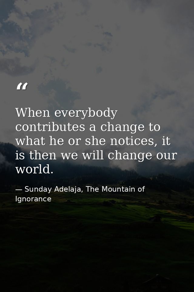 When everybody contributes a change to what he or she notices, it is then we will change our world. — Sunday Adelaja, The Mountain of Ignorance