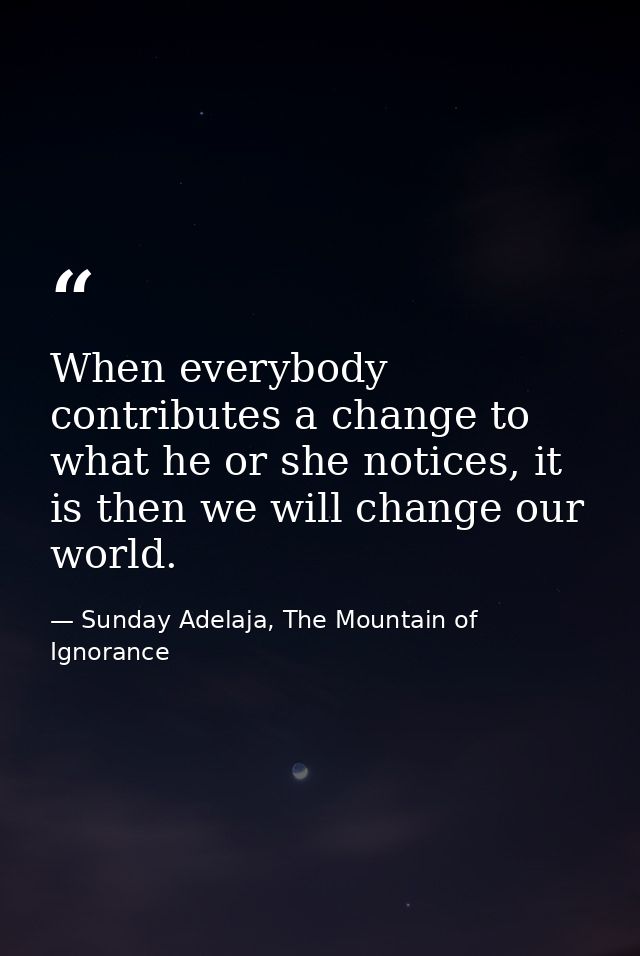 When everybody contributes a change to what he or she notices, it is then we will change our world. — Sunday Adelaja, The Mountain of Ignorance