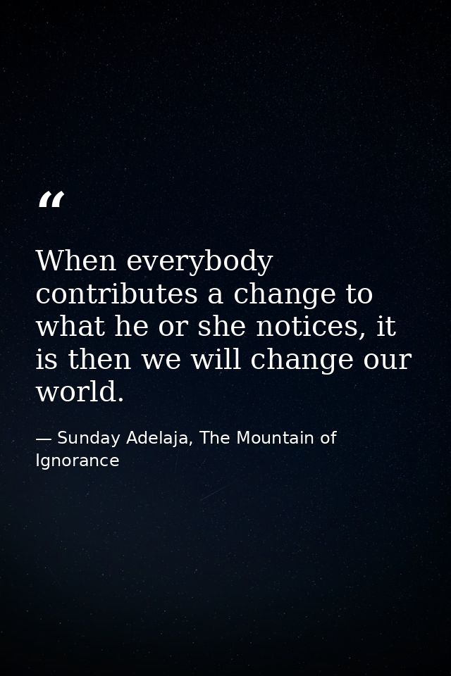 When everybody contributes a change to what he or she notices, it is then we will change our world. — Sunday Adelaja, The Mountain of Ignorance