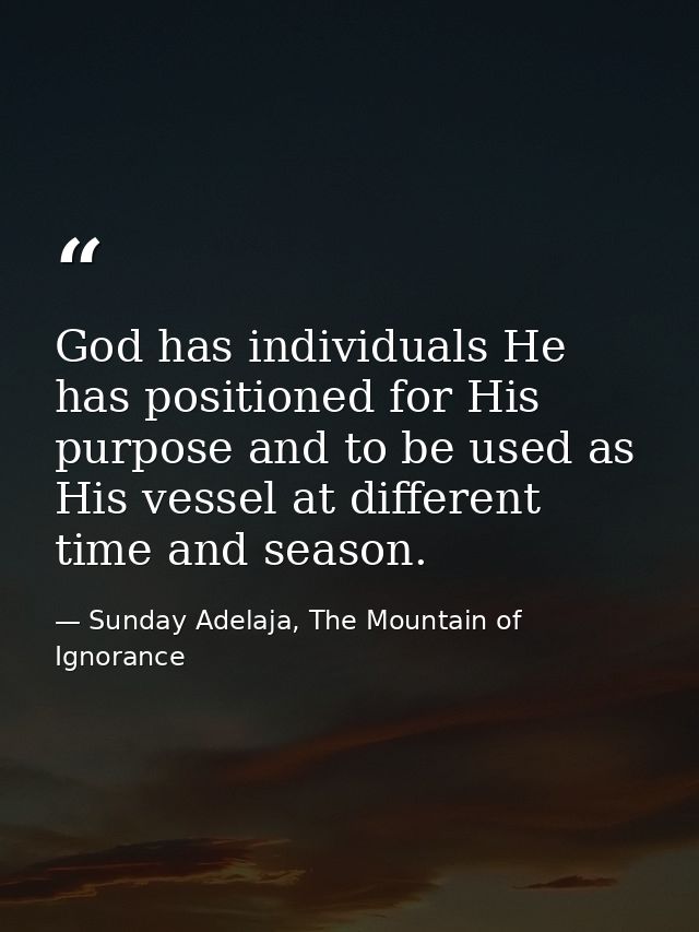 God has individuals He has positioned for His purpose and to be used as His vessel at different time and season. — Sunday Adelaja, The Mountain of Ignorance