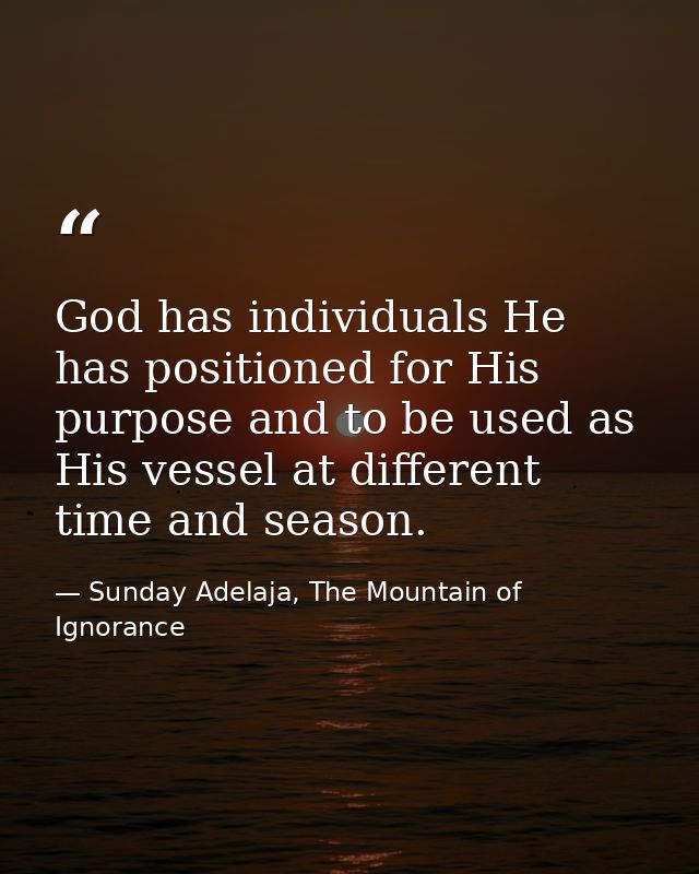 God has individuals He has positioned for His purpose and to be used as His vessel at different time and season. — Sunday Adelaja, The Mountain of Ignorance