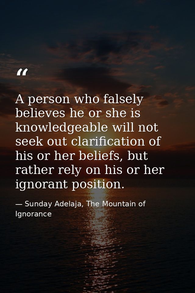 A person who falsely believes he or she is knowledgeable will not seek out clarification of his or her beliefs, but rath — Sunday Adelaja, The Mountain of Ignorance