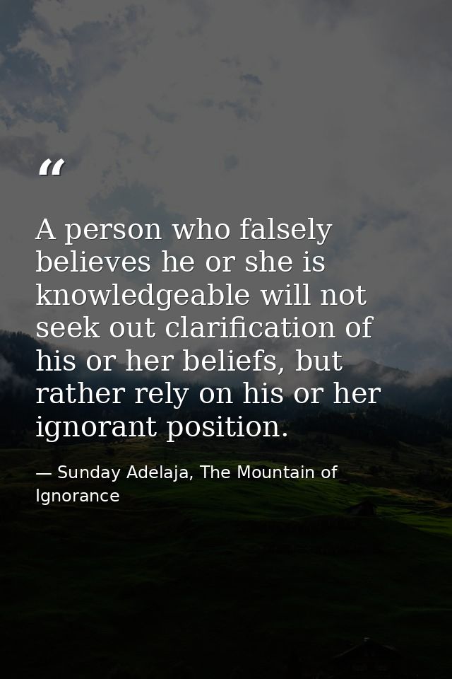 A person who falsely believes he or she is knowledgeable will not seek out clarification of his or her beliefs, but rath — Sunday Adelaja, The Mountain of Ignorance