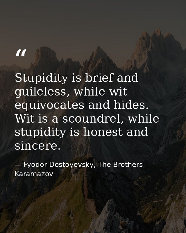 Stupidity is brief and guileless, while wit equivocates and hides. Wit is a scoundrel, while stupidity is honest and sin — Fyodor Dostoyevsky, The Brothers Karamazov