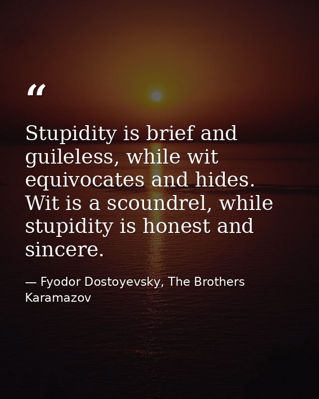 Stupidity is brief and guileless, while wit equivocates and hides. Wit is a scoundrel, while stupidity is honest and sin — Fyodor Dostoyevsky, The Brothers Karamazov