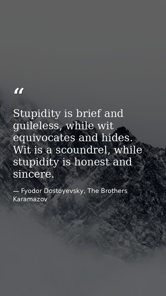 Stupidity is brief and guileless, while wit equivocates and hides. Wit is a scoundrel, while stupidity is honest and sin — Fyodor Dostoyevsky, The Brothers Karamazov