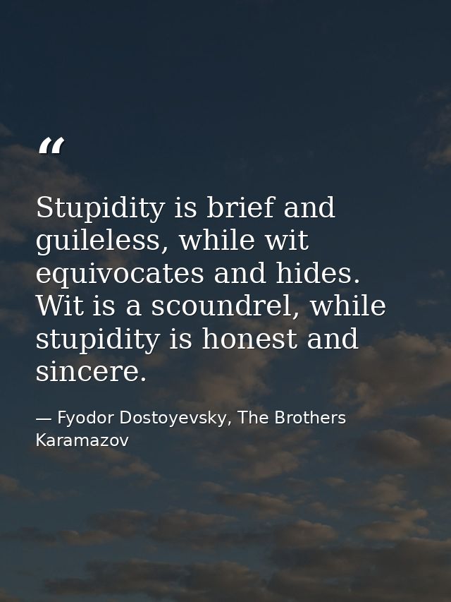 Stupidity is brief and guileless, while wit equivocates and hides. Wit is a scoundrel, while stupidity is honest and sin — Fyodor Dostoyevsky, The Brothers Karamazov