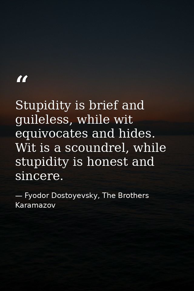 Stupidity is brief and guileless, while wit equivocates and hides. Wit is a scoundrel, while stupidity is honest and sin — Fyodor Dostoyevsky, The Brothers Karamazov