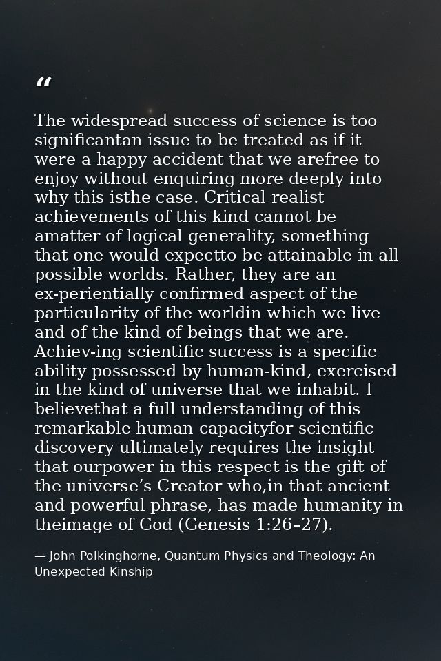 The widespread success of science is too significantan issue to be treated as if it were a happy accident that we arefre — John Polkinghorne, Quantum Physics and Theology: An Unexpected Kinship