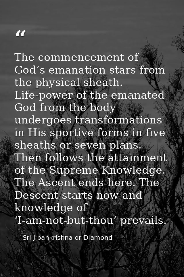 The commencement of God’s emanation stars from the physical sheath. Life-power of the emanated God from the body undergo — Sri Jibankrishna or Diamond