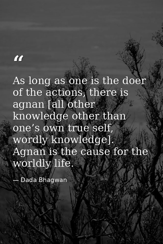As long as one is the doer of the actions, there is agnan [all other knowledge other than one’s own true self, wordly kn — Dada Bhagwan