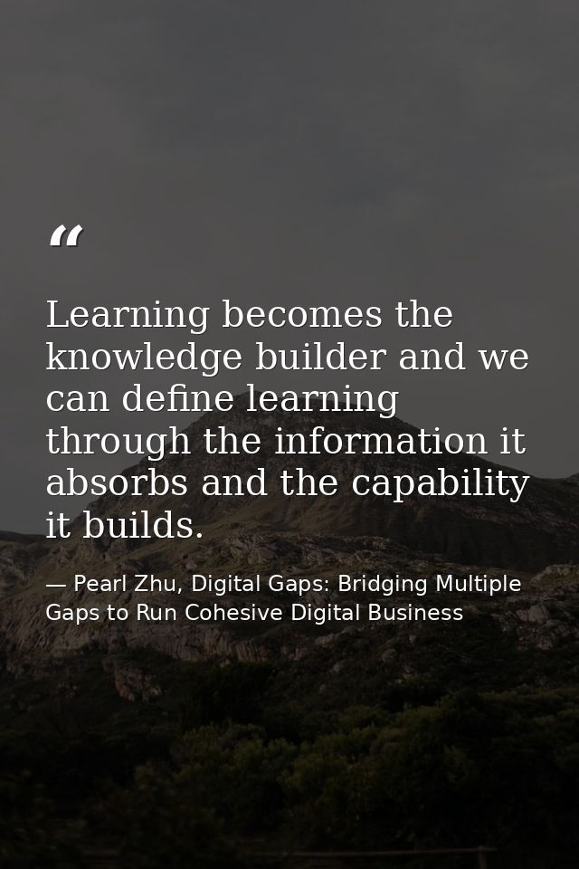 Learning becomes the knowledge builder and we can define learning through the information it absorbs and the capability  — Pearl Zhu, Digital Gaps: Bridging Multiple Gaps to Run Cohesive Digital Business