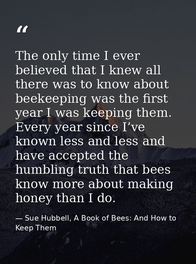 The only time I ever believed that I knew all there was to know about beekeeping was the first year I was keeping them.  — Sue Hubbell, A Book of Bees: And How to Keep Them