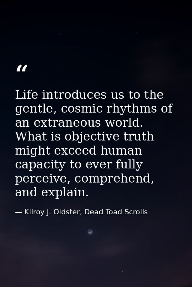 Life introduces us to the gentle, cosmic rhythms of an extraneous world. What is objective truth might exceed human capa — Kilroy J. Oldster, Dead Toad Scrolls