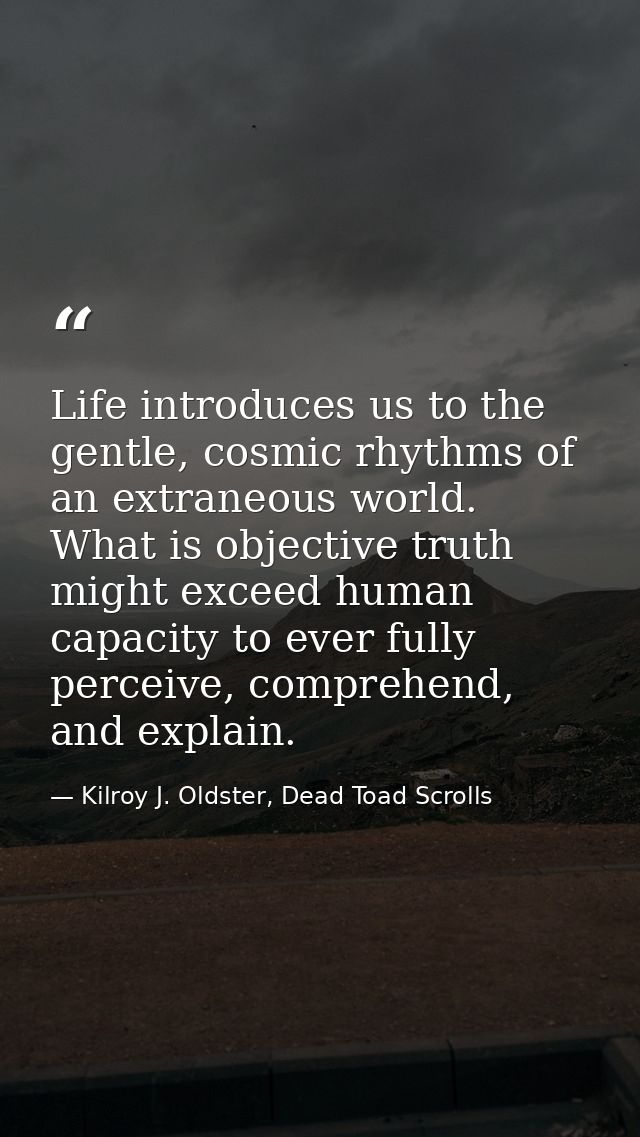 Life introduces us to the gentle, cosmic rhythms of an extraneous world. What is objective truth might exceed human capa — Kilroy J. Oldster, Dead Toad Scrolls