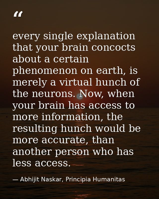 every single explanation that your brain concocts about a certain phenomenon on earth, is merely a virtual hunch of the  — Abhijit Naskar, Principia Humanitas